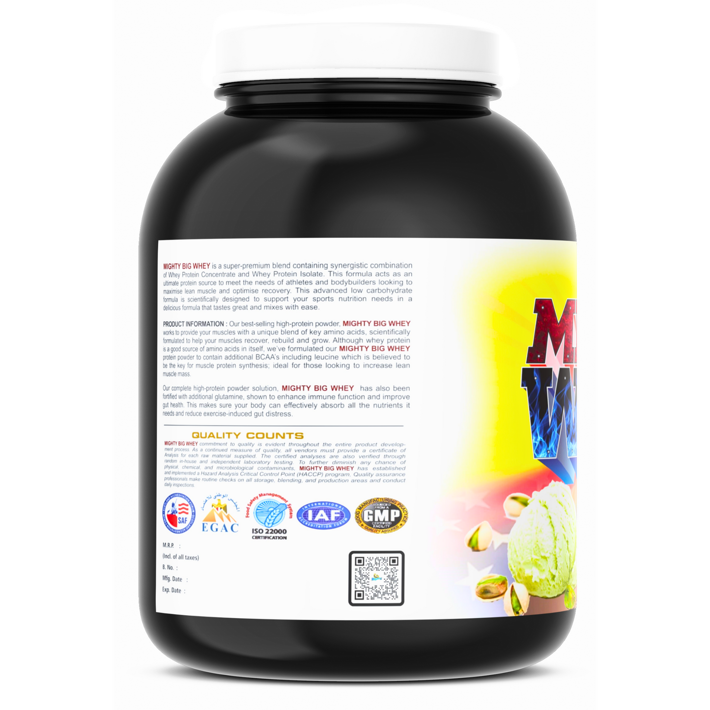 Power up your muscles with mighty nutrition big whey protein powder. left side