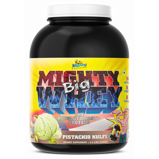Power up your muscles with mighty nutrition big whey protein powder. front side