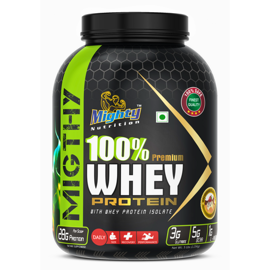 A powerful 5lbs container of mighty nutrition premium whey protein, perfect for building muscle mass and recovery. Front side