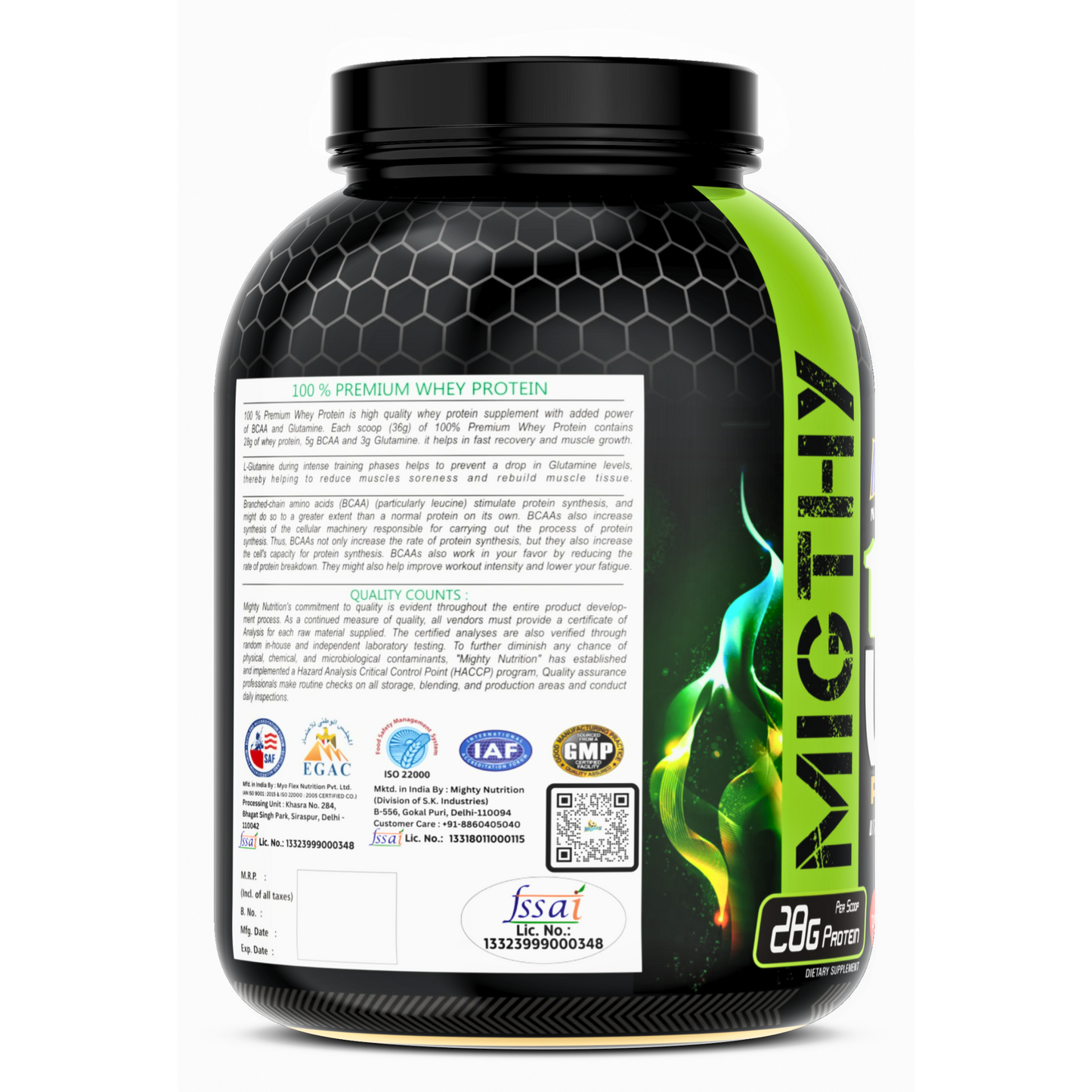 A powerful 5lbs container of mighty nutrition premium whey protein, perfect for building muscle mass and recovery. Left side