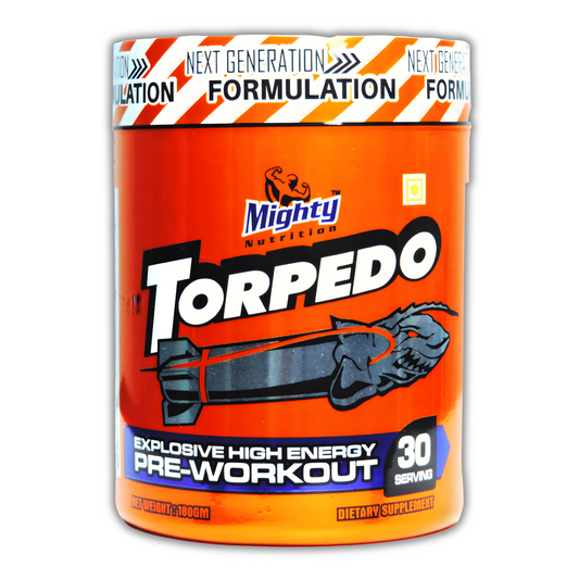 A jar of mighty nutrition torpedo™ pre-workout energy drink, a high energy pre-workout supplement to boost your energy levels. Front side