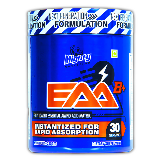 An active visual demonstration of the mighty nutrition Eaa instant absorption powder, highlighting its swift and effective absorption capability. front side