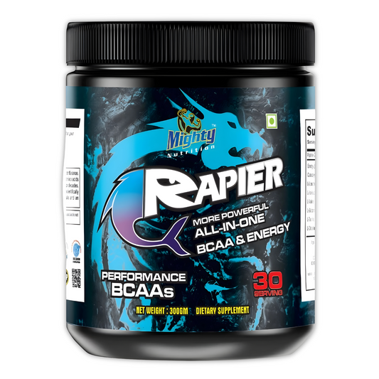 A close-up of a mighty nutrition rapier bcaa  with the words "performance bcaa's, bcaa's energy" written on it. Front side
