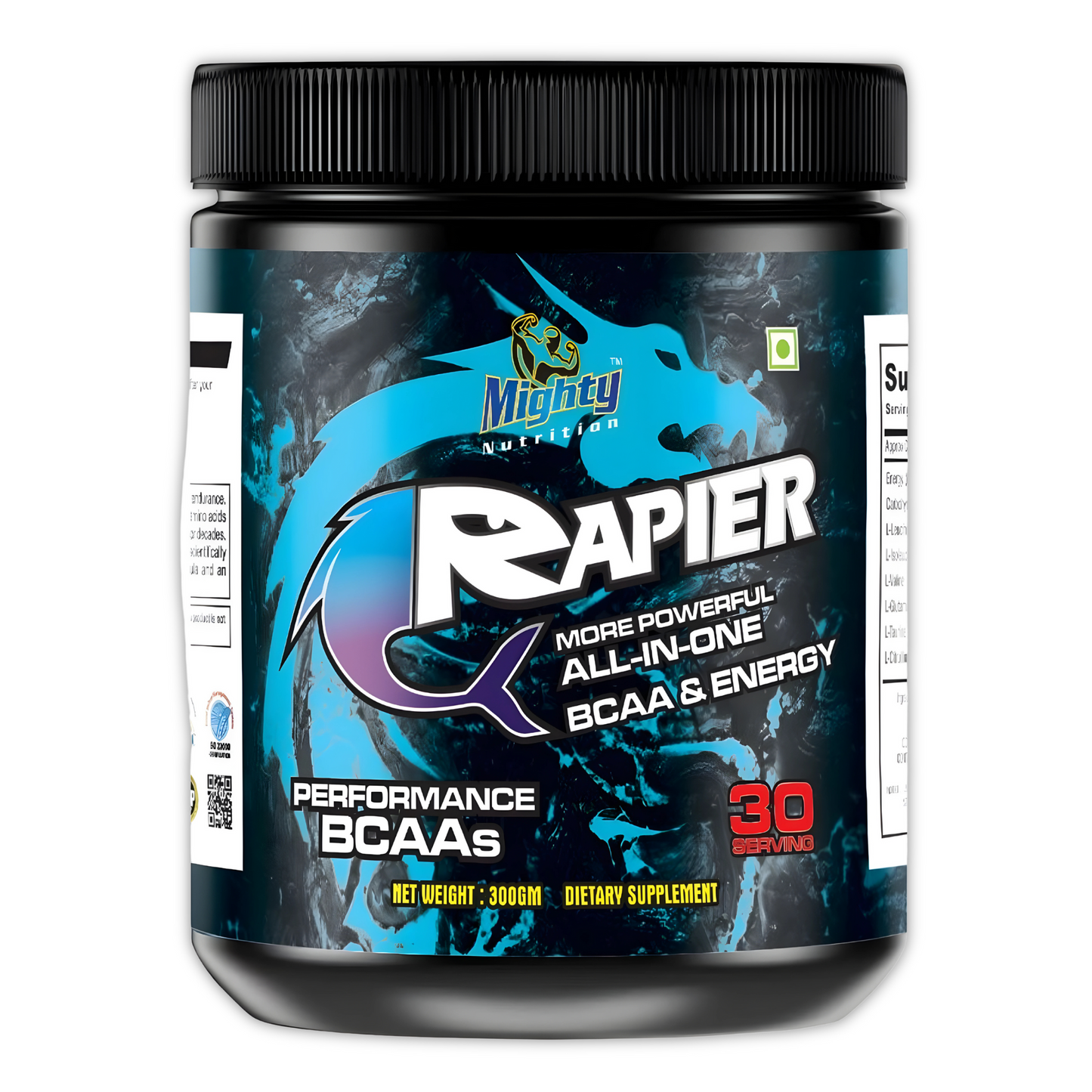 A close-up of a mighty nutrition rapier bcaa  with the words "performance bcaa's, bcaa's energy" written on it. Front side