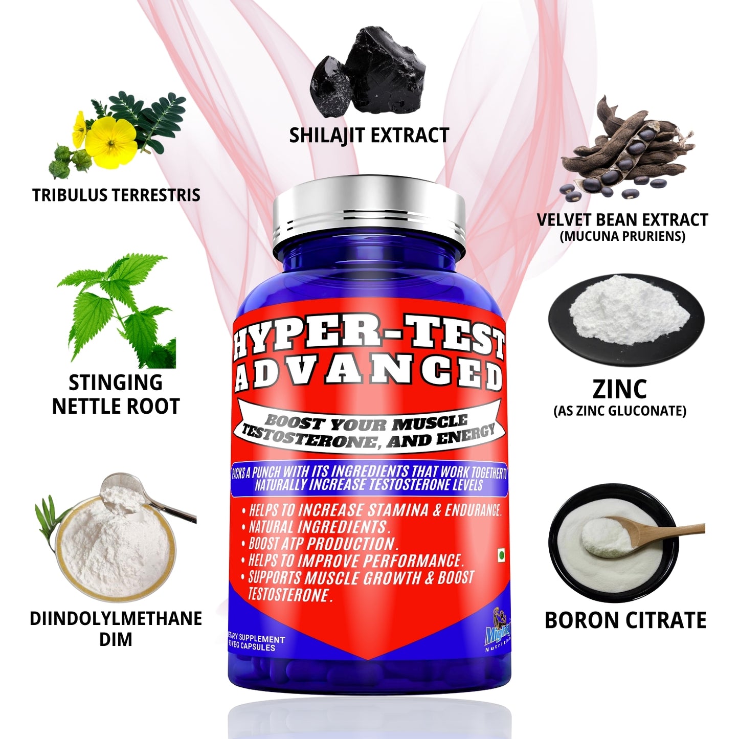 Hyper Test Advanced Capsules Stinging Nettle Root, Tribulus Terrestris, Velvet Bean, Shilajit, and Boron Blend Herbs For Boost testosterone, energy - 90 Capsules (45 Servings)