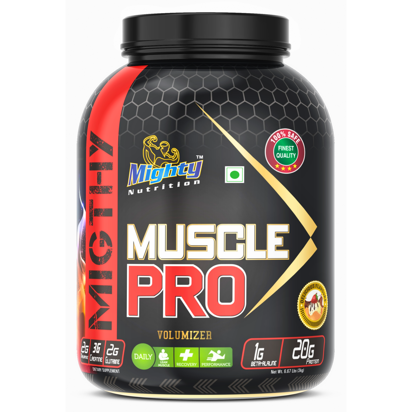 Get ripped with mighty nutrition Muscle Pro, the ultimate muscle gainer! Build your dream physique and unleash your inner beast. Front side