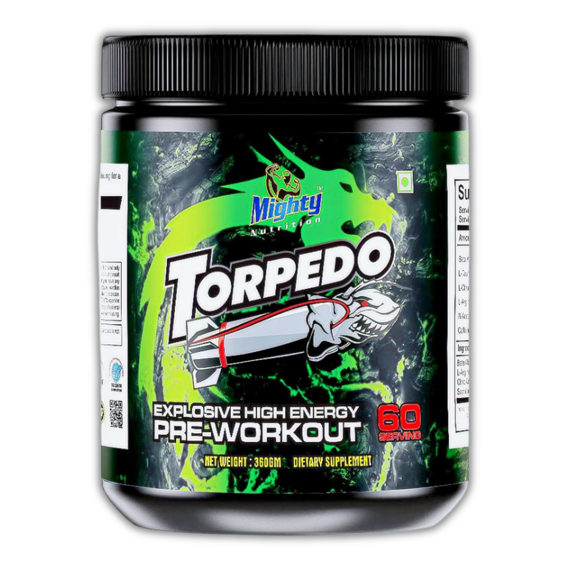 Mighty Nutrition Torpedo Pre-workout Powder: Energize your workout with this powerful pre-workout supplement. Boost your performance and achieve your fitness goals. front side