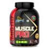 Black container of Mighty Nutrition Muscle Pro Volumizer supplement with bold red and yellow accents promoting muscle gain, recovery, and performance.