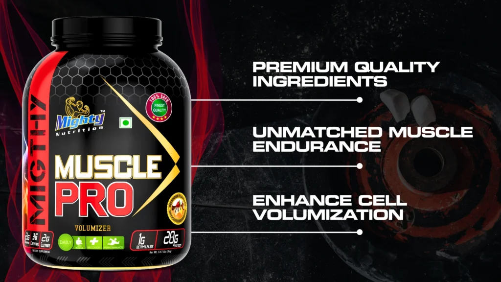Mighty Nutrition Muscle Pro Volumizer supplement jar showcasing premium quality ingredients, muscle endurance support, and enhanced cell volumization benefits.