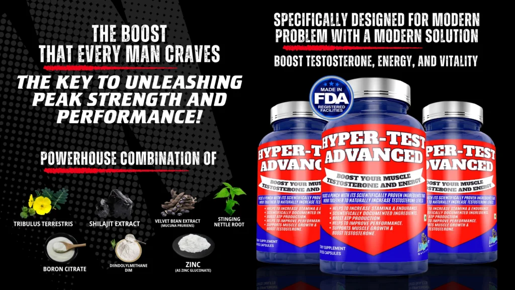 Mighty Nutrition Hyper-Test Advanced | Vitality Support Supplement – 90 Vegetarian Capsules Bottle of Mighty Nutrition Hyper-Test Advanced vitality support supplement – 90 vegetarian capsules for energy, stamina, and performance.