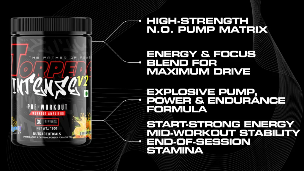 Mighty Nutrition Torpedo Intense V2 Pre‑Workout supplement banner featuring Guava Nectar flavor with energy and focus support branding